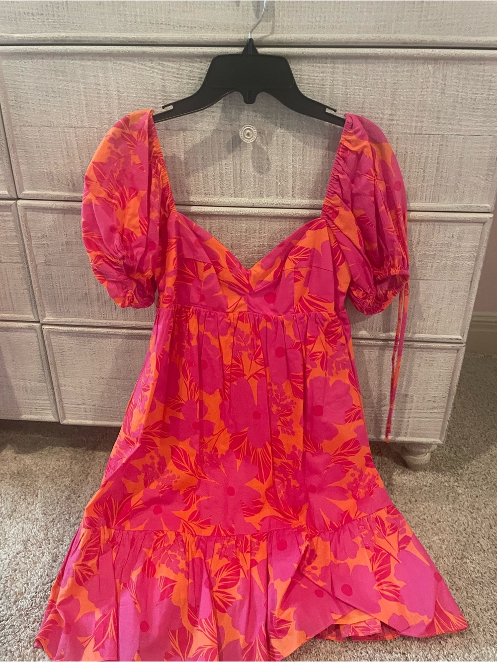 Vibrant Pink & Orange Floral Puff-Sleeve Mini Dress
